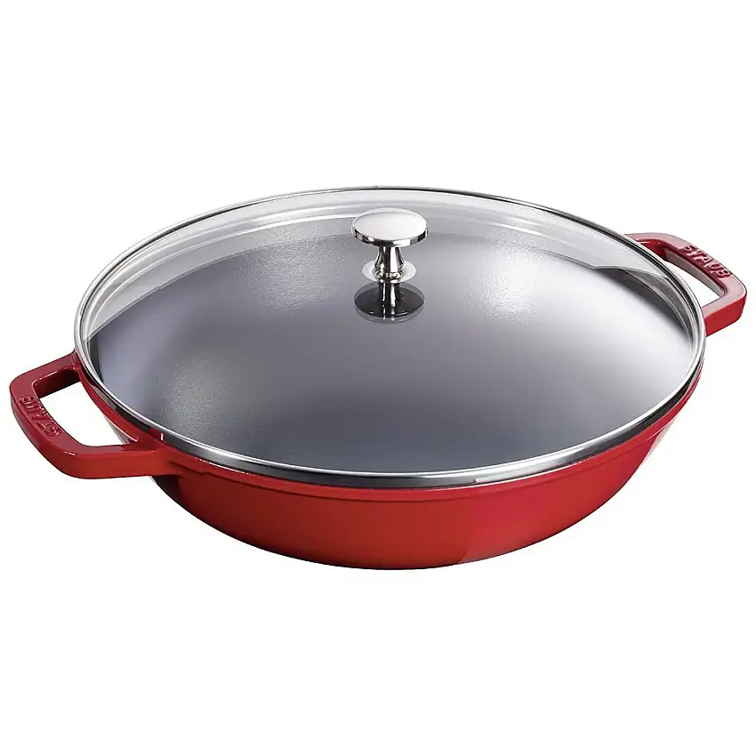 Wok 30 cm, con coperchio in vetro, ciliegio, ghisa, Staub