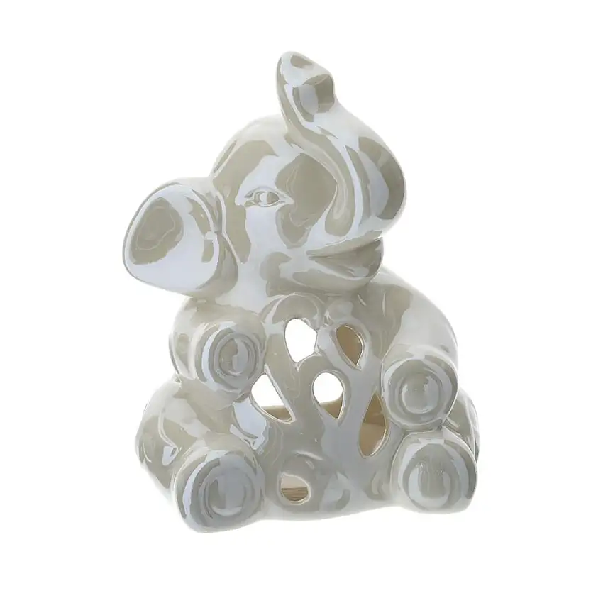 HERVIT - Portatealite Elefante Porcellana Traforata 14Cm