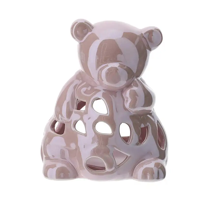 HERVIT - Portatealite Orsetto Porcellana Traforata Rosa 12Cm