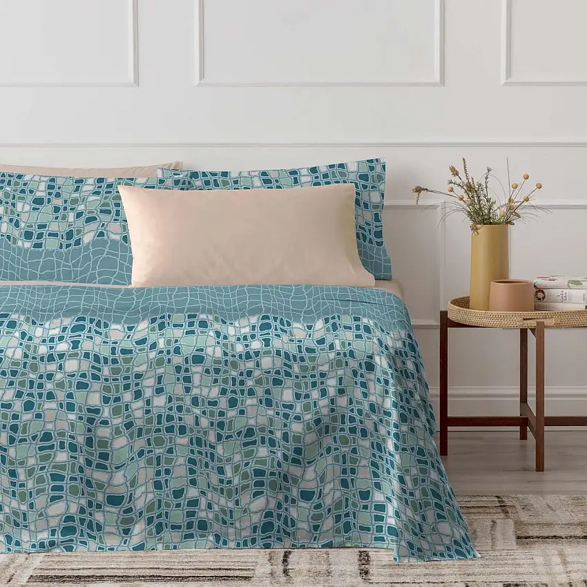 COMPLETO LENZUOLA SINGOLO IN COTONE MOTIVO GEOMETRICO AMELIE BLU
