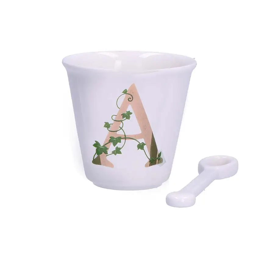 PORCELLANA BIANCA - Unico Bicchierino Caffè Con Cucchiaino 75 Cc Lettera A