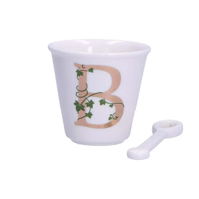 PORCELLANA BIANCA - Unico Bicchierino Caffè Con Cucchiaino 75 Cc Lettera B