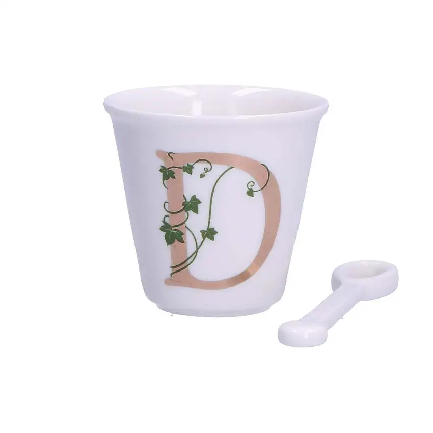 PORCELLANA BIANCA - Unico Bicchierino Caffè Con Cucchiaino 75 Cc Lettera D