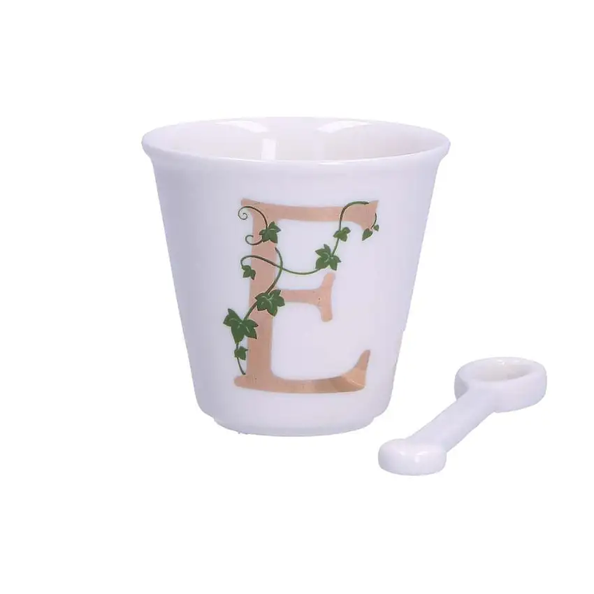 PORCELLANA BIANCA - Unico Bicchierino Caffè Con Cucchiaino 75 Cc Lettera E