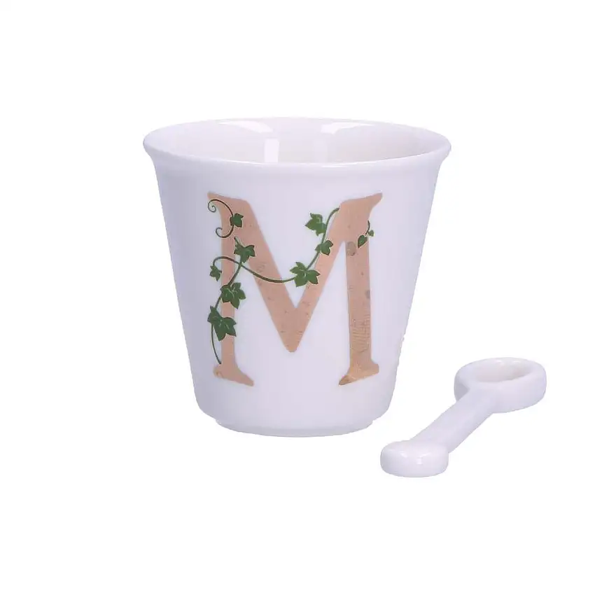 PORCELLANA BIANCA - Unico Bicchierino Caffè Con Cucchiaino 75 Cc Lettera M