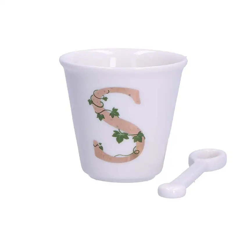 PORCELLANA BIANCA - Unico Bicchierino Caffè Con Cucchiaino 75 Cc Lettera S