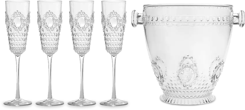 Set 4 Flute + Secchiello Champagne trasparente Baroque&Rock Baci Milano