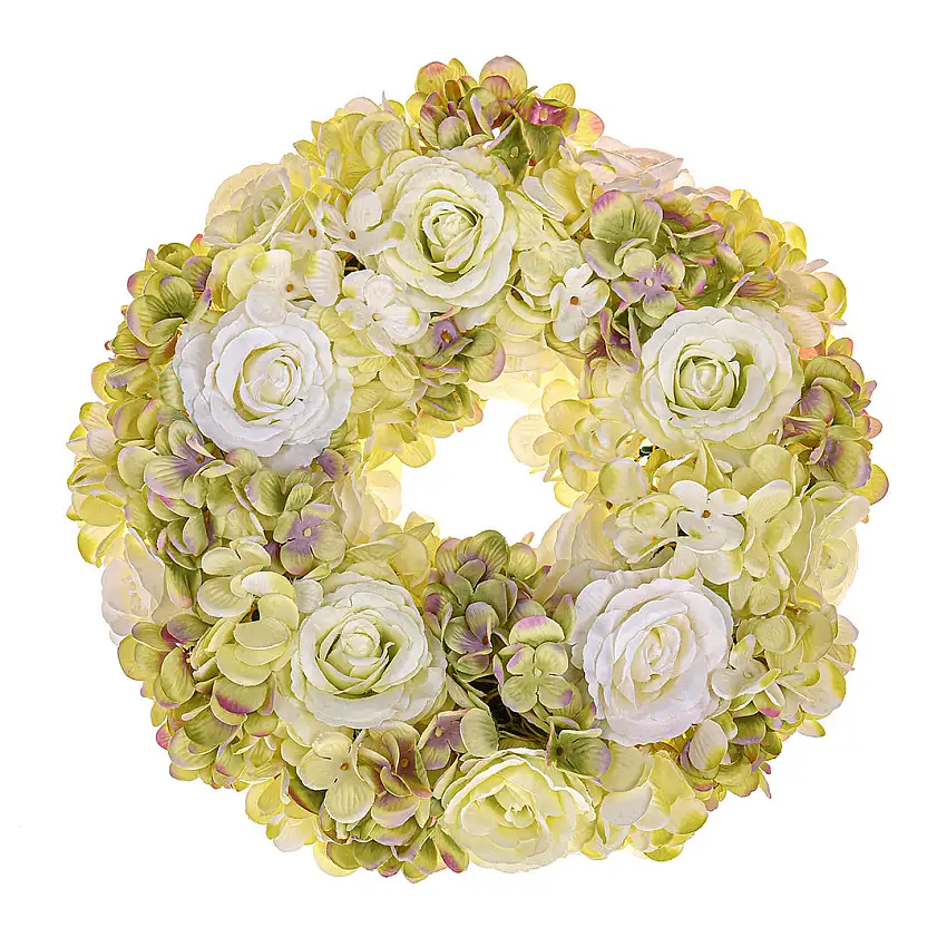 Corona con fiori artificiali di rose e ortensie • 30 cm