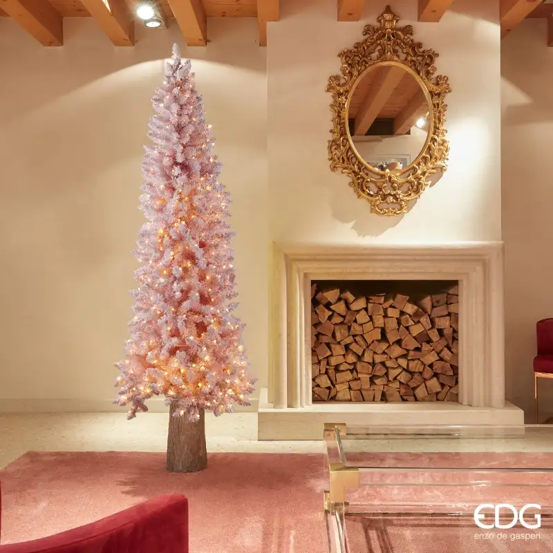 Albero di Natale Pino Slim Candy Rosa con 480 Led Innevato h.210 d.78 Edg