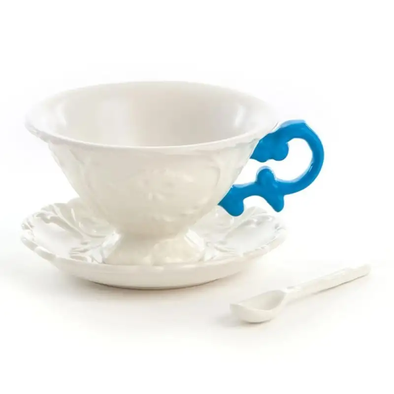 Seletti Set da Tè "I-Wares" con Manico Blu - Tazza, Piattino e Cucchiaino