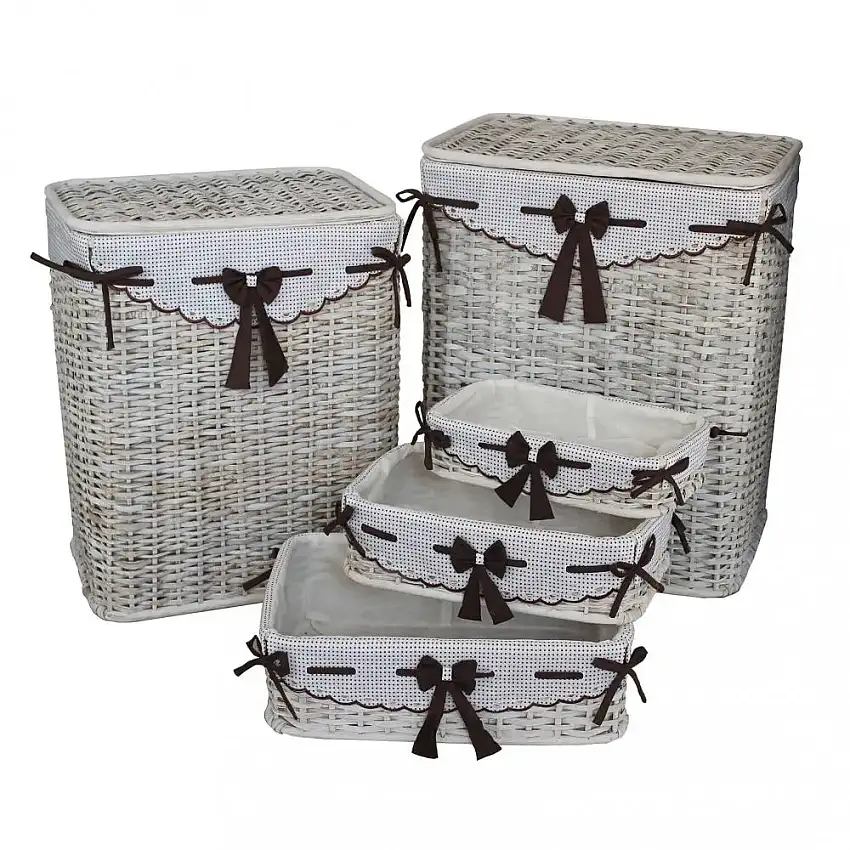 Set di 5 Cesti Porta Biancheria Rattan e Tessuto