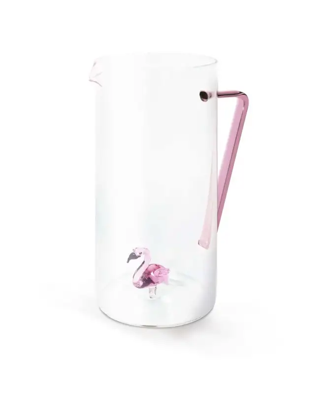 WD Lifestyle Caraffa in vetro con decoro in vetro colorato Fenicottero
