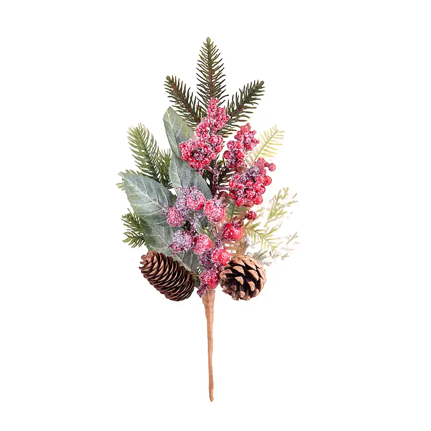 12 Pezzi • Ramo pino con frost berries • 4,5 cm